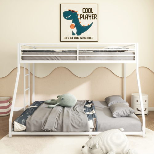 Adam Sturdy Twin Over Full Bunk Bed Metal White for Kids and Adult, Low Profile and Easy Climbing with Stable Ladder - Bedroom - Box Spring Not Required