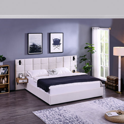 King Size Storage Velvet Upholstered Hydraulic Platform Bed with 2 Shelves, 2 Reading Lamps and USB Port, Beige - Foam - Luxury - Bedroom - Not Specified - Not Specified - Not Specified