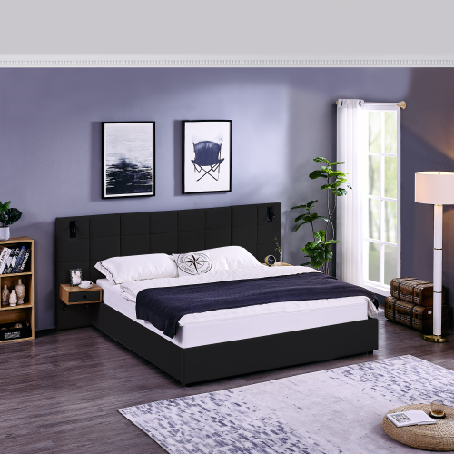 King Size Storage Velvet Upholstered Hydraulic Platform Bed with 2 Shelves, 2 Reading Lamps and USB Port, Black - Foam - Luxury - Bedroom - Bed Frame - Box Spring Not Required