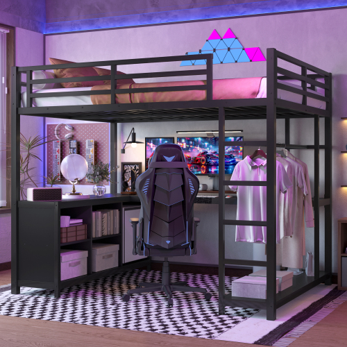 Metal Loft Bed with Wardrobe and L-shaped Desk, Full Size Loft Bed with Storage Cubes and Shelves, Loft Bed for Kids Teens Adults, Black - Not Specified
