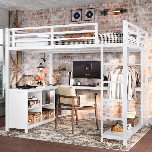 Metal Loft Bed with Wardrobe and L-shaped Desk, Full Size Loft Bed with Storage Cubes and Shelves, Loft Bed for Kids Teens Adults, White - Not Specified