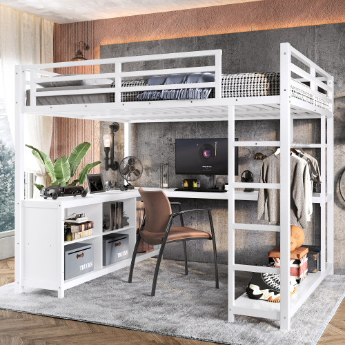 Metal Loft Bed with Wardrobe and L-shaped Desk, Queen Size Loft Bed with Storage Cubes and Shelves, Loft Bed for Kids Teens Adults, White - MDF+Metal - Not Specified