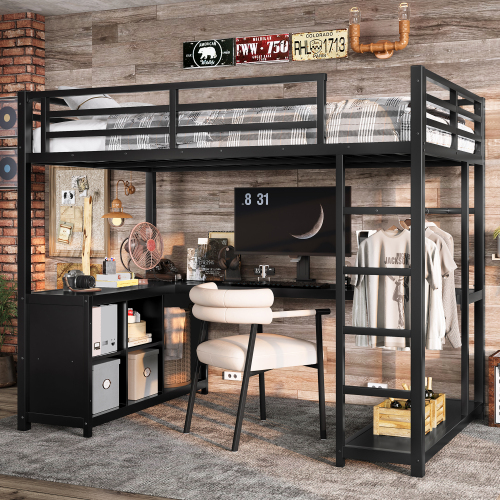 Metal Loft Bed with Wardrobe and L-shaped Desk, Twin Size Loft Bed with Storage Cubes and Shelves, Loft Bed for Kids Teens Adults, Black - Not Specified