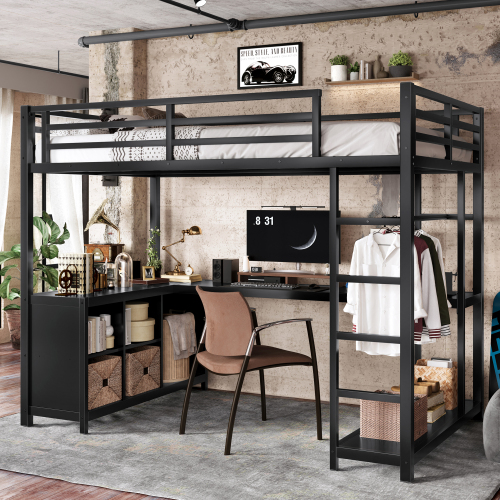 Metal Loft Bed with Wardrobe and L-shaped Desk, Twin XL Size Loft Bed with Storage Cubes and Shelves, Loft Bed for Kids Teens Adults, Black - Not Specified