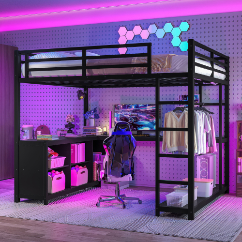 Metal Loft Bed with Wardrobe and L-shaped Desk, Queen Size Loft Bed with Storage Cubes and Shelves, Loft Bed for Kids Teens Adults, Black - MDF,Metal - MDF