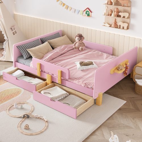 Full Size Platform Bed with Storage Drawers, Solid Wood Beds Frame with Bed Guardrail, Small Shelf, and Hooks, No Box Spring Needed, Pink - MDF,Pine,Plywood - MDF