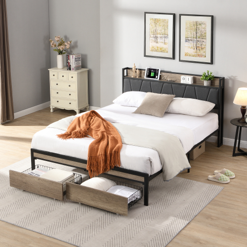 Queen Size  Metal Platform Bed Frame with upholstery storage function Headboard   and USB LINER  and Footboard with drawers , No Box Spring Needed, Large Under Bed Storage, Easy Assemble - MDF+Metal