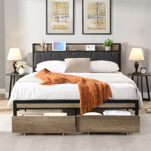 FULL Size  Metal Platform Bed Frame with upholstery storage function Headboard   and USB LINER  and Footboard with drawers , No Box Spring Needed, Large Under Bed Storage, Easy Assemble - MDF+Metal