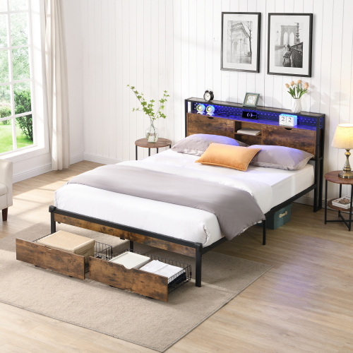 King Size Metal Platform Bed Frame with Wooden Headboard and with Footboard USB,Charging Station,2 Drawers,storage, LED Lights, No Box Spring Needed, Easy Assemble - MDF+Metal