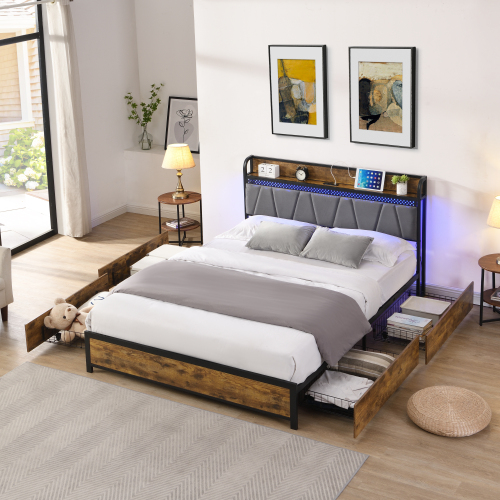 Queen Size Bed Frame, Storage Headboard with Charging Station and 4 Storage Drawers,LED Lights , Brown and Gray - Metal - MDF+Metal