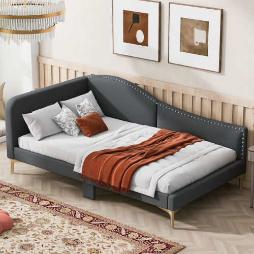 Twin Size Upholstered Daybed with Headboard and Armrest, Support Legs, Grey - Daybeds - Box Spring Not Required - Linen - Wood