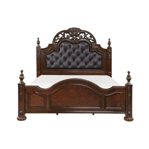 Formal Traditional Queen Bed 1pc Button Tufted Upholstered Headboard Posts Cherry Finish Bedroom Furniture Carving Wood Design - American Traditional,Traditional - Not Specified - Not Specified - Box Spring Required - Faux Leather