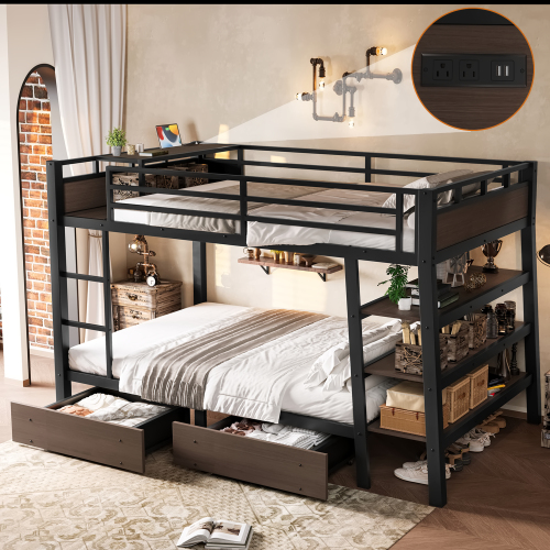 Full Size Metal Bunk Bed with Storage Shelves , LED light strip, and USB power strip, black - MDF,Metal