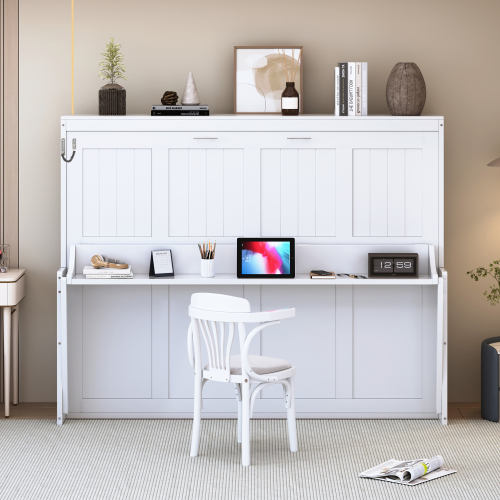 Full Size Murphy Bed with Hydraulic Lift & Desk Design, White(OLD SKU: N820S00032K) - Wood