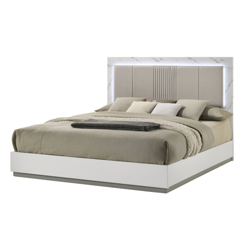 Mist King Bed – Two-Tone High-Gloss Marble & Lacquer Finish with LED Lighting, Padded Headboard - White - Wood - Solid Wood+MDF - Modern - Bedroom - Bed Frame - Box Spring Required - Faux Leather - Wood