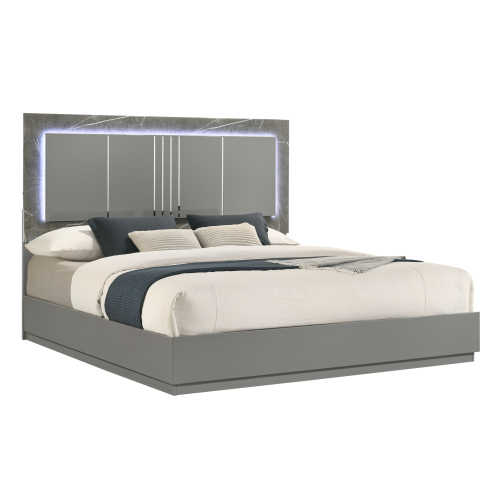 Elara Queen Bed – Two-Tone High-Gloss Marble & Lacquer Finish with LED Lighting, Metal-Finished Legs- Gray - Wood - Solid Wood+MDF - Modern - Bedroom - Bed Frame - Box Spring Required - Not Specified - Wood - Wood - Not Specified