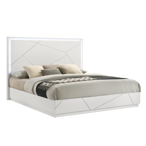 Manhattan Queen Bed – Contemporary Geometric Design with LED Lighting & High-Gloss Lacquer Finish, Durable Minimalist Style for Modern Bedrooms - White - Wood - Solid Wood+MDF - Bathroom - Bed Frame - Box Spring Required - White - Wood - White - Wood - Not Specified - White - Wood - Solid Wood+MDF - Modern - Bathroom - Queen - Bed Frame - Box Spring Required - White - Wood - White - Wood - Not Specified