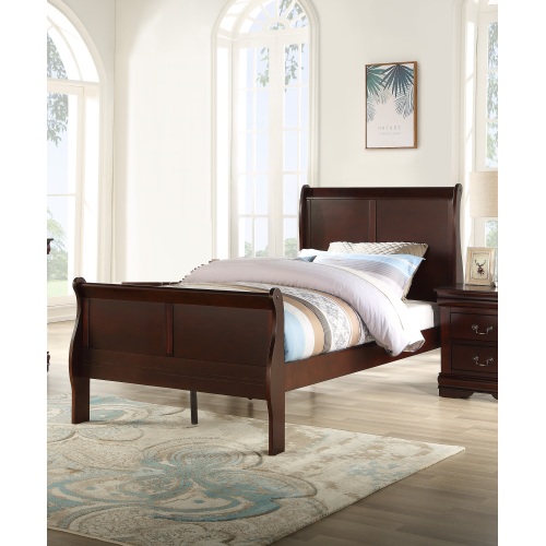 Louis Phillipe Brown Cherry Finish Twin Size Youth Panel Sleigh Bed Solid Wood Wooden Bedroom Furniture - Not Specified - Not Specified - Not Specified - Not Specified - Not Specified - Not Specified - Not Specified