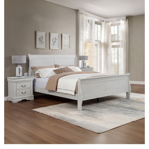 3pc Bedroom Set Louis Phillipe Greige Finish Queen Size Panel Sleigh Bed Nightstands Two Storage Drawers Wooden Bedroom Furniture - Not Specified - Contemporary,Transitional - Not Specified - Not Specified - Box Spring Required - Bed Included,Nightstand Included - 3 Piece Set