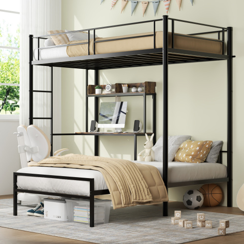 Bunk Bed Twin Over Twin Size with Desk and Charging Station L-Shaped Metal Bunk Bed with Storage Shelves and Bookcase Loft Beds with Safety Guardrail and Ladder for Teen,Black - Metal & Wood - American Traditional - Bedroom - Bed Frame - Box Spring Not Required