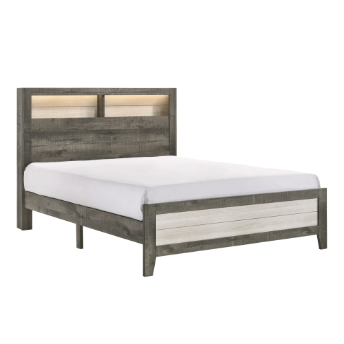 1pc Queen Size Platform Storage Bed Low-profile Plank-style Headboard Built-in Lighting Modern Farmhouse Style Gray Beige - Beige,Gray - Wood - Contemporary,Modern - Bedroom - Wood
