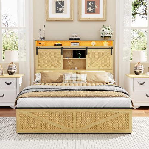 Farmhouse Full Size Bed Frame with Storage Headboard and Drawers,Charging Station & LED Lights,Natural - MDF+Steel - MDF