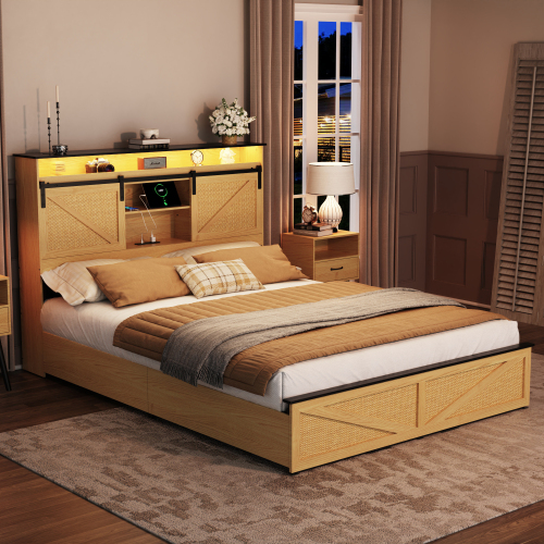 Farmhouse Queen Size Bed Frame with Storage Headboard and Drawers,Charging Station & LED Lights,Natural - MDF+Steel - MDF