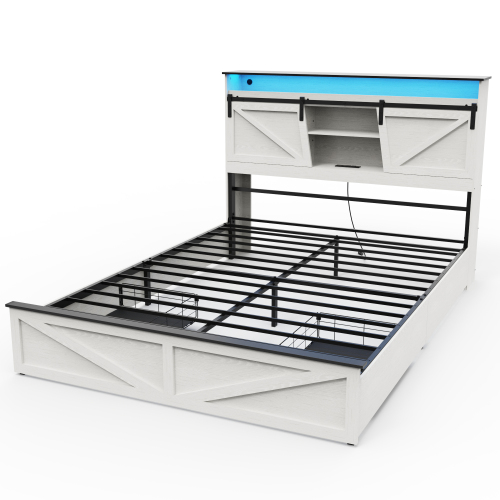 Farmhouse Full Size Bed Frame with Storage Headboard and Drawers,Charging Station & LED Lights,White - MDF+Steel - MDF