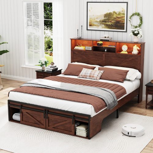 Farmhouse Queen Size Bed Frame with Storage Headboard and Drawers,Charging Station & LED Lights,Brown - MDF+Steel - MDF