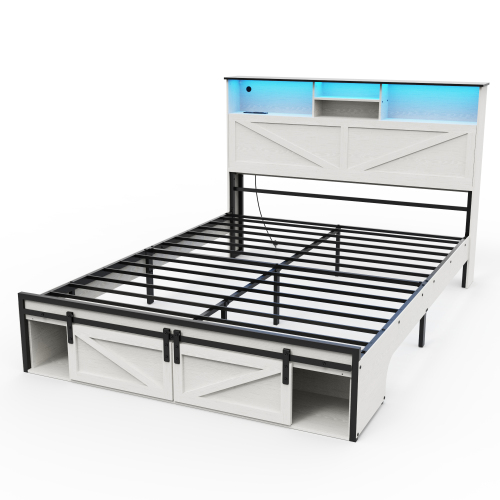 Farmhouse Full Size Bed Frame with Storage Headboard,Charging Station & LED Lights,White - MDF+Steel - MDF