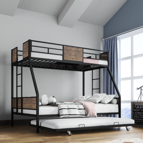 Twin Over Full Bunk Beds with Trundle, Metal Bunk Bed Frame with Safety Guardrail and 2 Ladder for Kids,Sturdy Metal Frame and Protective Board Supports, No Box Spring Needed, Easy Assembly - Brown - Metal & Wood - Bedroom - Box Spring Not Required - Engineered Hardwood - Brown - Metal & Wood - Bedroom
