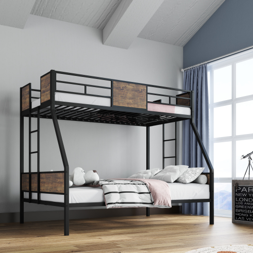 Twin Over Full Bunk Beds, Metal Bunk Bed Frame with Safety Guardrail and 2 Ladder for Kids,Sturdy Metal Frame and Protective Board Supports, No Box Spring Needed, Easy Assembly - Brown - Metal & Wood - Bedroom - Box Spring Not Required - Engineered Hardwood - Brown - Metal & Wood - Bedroom