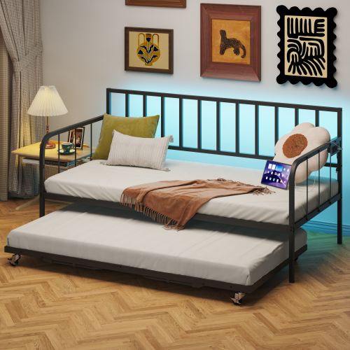 Twin Daybed with Trundle, Metal Trundle Bed, Sofa Bed Frame with Heavy Duty Metal Slats Sppports, Space Saving, for Living Room, Bedroom and Guest Room - Black - Box Spring Not Required - Not Specified - Not Specified