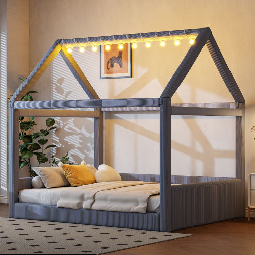Full Size Upholstered House Daybed with LED Light Strips,Grey - Not Specified