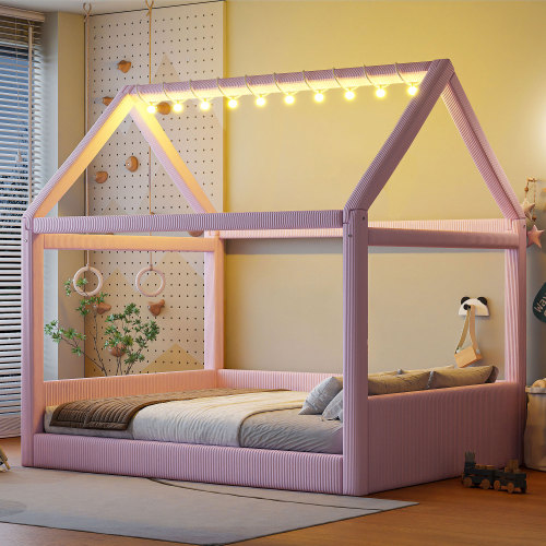 Full Size Upholstered House Daybed with LED Light Strips,Pink - Not Specified