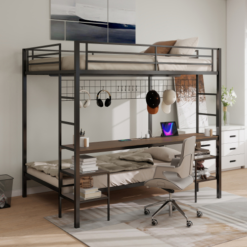 Ethan Full Over Twin Bunk Bed with Desk and Charging Station and Storage Shelves and Metal Wire Mesh Panel with Hooks for Teen,Safety Guard & Stairs,No Box Spring Needed, Black & Cinnamon Oak - Modern - Bedroom - Box Spring Not Required - Engineered Hardwood - Espresso - Modern