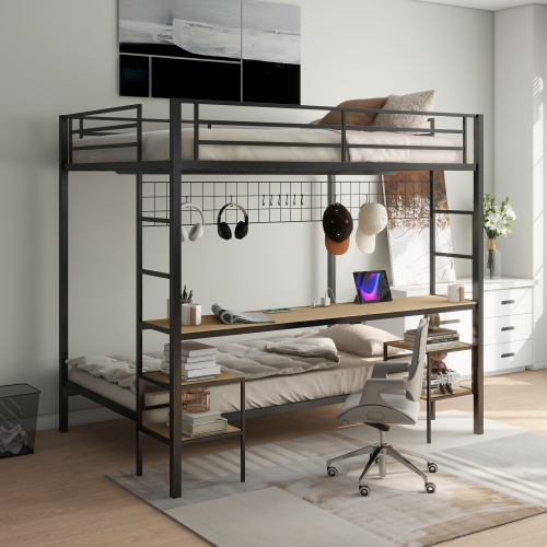 Ethan Full Over Twin Bunk Bed with Desk and Charging Station and Storage Shelves and Metal Wire Mesh Panel with Hooks for Teen,Safety Guard & Stairs,No Box Spring Needed, Black & Nature Oak - Modern - Bedroom - Box Spring Not Required - Engineered Hardwood - Modern