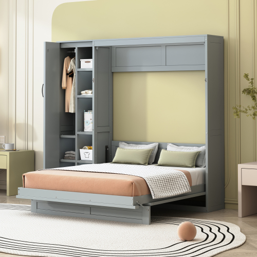Full Size Murphy Bed Wall Bed with Shelves, Wardrobe and LED Lights,Gray - MDF+LVL