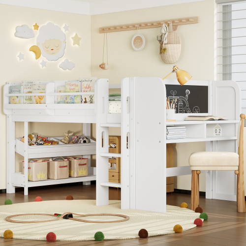 Twin Loft Bed with Multi-storage Bookcases, Boxes and Drawers, Solid Wood Low Loft Beds with Desk and Blackboard, No Box Spring Needed, White - Light White - MDF,Pine,Plywood - Light White - MDF
