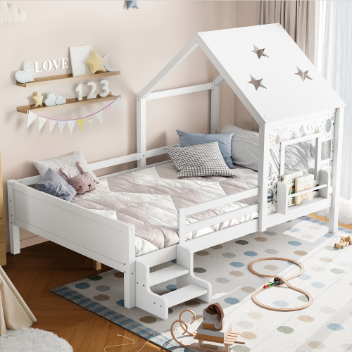 Full House Beds with Low-Profile Stairs and a Window, Solid Wood House Platform Bed with a Bookcase, Blackboard Design, and Cute Star-shape Roof, No Box Spring Needed, White - Light White - MDF,Pine,Plywood - Light White - MDF