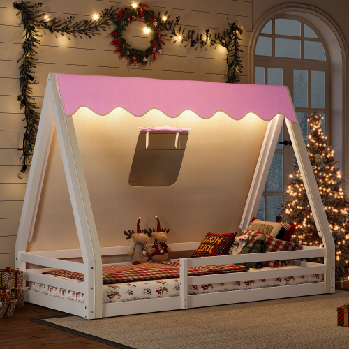 Twin Size House Floor Bed with Tent and Light, Solid Wood Teepee Floor Bed with Full-length Guardrails, Montessori and Childlike Design, White+Pink - MDF,Pine,Plywood - MDF