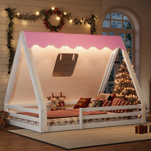 Full Size House Floor Bed with Tent and Light, Solid Wood Teepee Floor Bed with Full-length Guardrails, Montessori and Childlike Design, White+Pink - Linen,MDF,Pine,Plywood - Linen