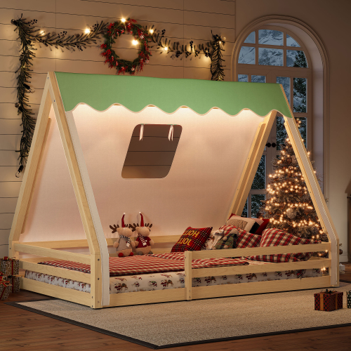 Full Size House Floor Bed with Tent and Light, Solid Wood Teepee Floor Bed with Full-length Guardrails, Montessori and Childlike Design,Natural+Green - Linen,MDF,Pine,Plywood - Linen