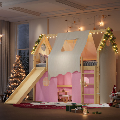 Twin Size House Loft Bed with Sills and Tents, Solid Wood Loft Bed with Ladders and Slide, Chic Design with Lights, No Box Spring Needed, Natural+Pink - Natural,Pink - Linen,MDF,Pine,Plywood - Linen
