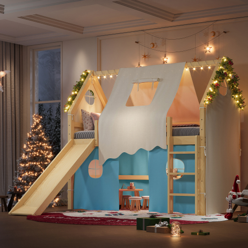 Twin Size House Loft Bed with Sills and Tents, Solid Wood Loft Bed with Ladders and Slide, Chic Design with Lights, No Box Spring Needed, Natural+Blue - Light Blue+Natural - Linen,MDF,Pine,Plywood - Linen