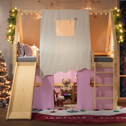 Full Size House Loft Bed with Sills and Tents, Solid Wood Loft Bed with Ladders and Slide, Chic Design with Lights, No Box Spring Needed, Natural+Pink - Natural,Pink - Linen,MDF,Pine,Plywood - Linen