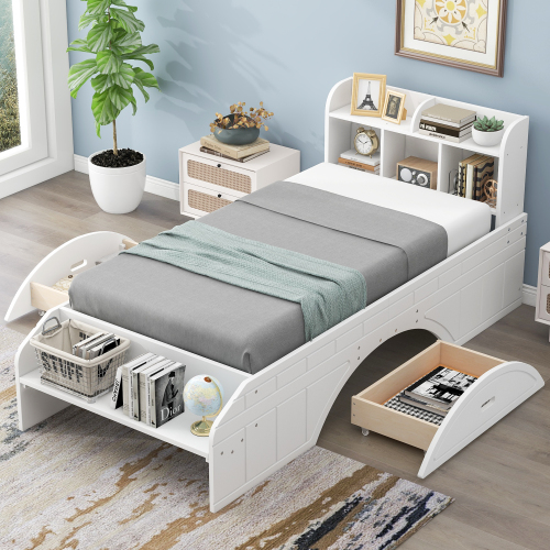 Wood Twin Size Platform Bed with 2 Drawers, Storage Headboard and Footboard, White - Solid Wood+MDF - Bedroom - Bed Frame - Box Spring Not Required