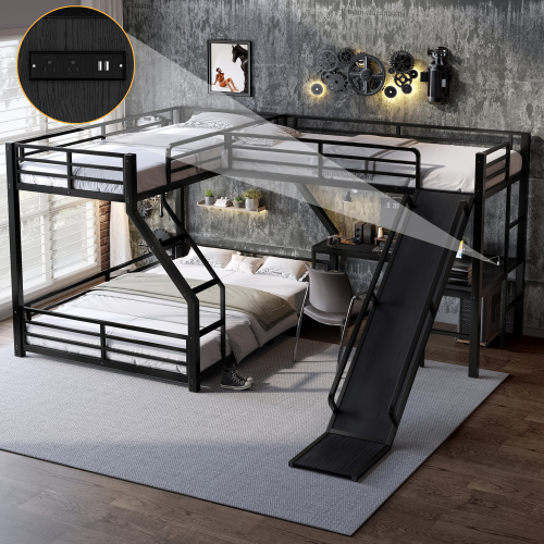 L-Shaped Twin XL over Queen Bunk Bed with Twin Size Loft Bed, Metal Triple Bunk Bed with Slide and USB Ports, Space-saving and Noise-free Design, Black - MDF+Metal - MDF