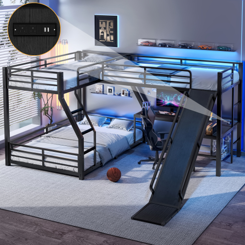 L-Shaped Twin over Full Bunk Bed with Twin Size Loft Bed, Metal Triple Bunk Bed with Slide and USB Ports, Space-saving and Noise-free Design, Black - MDF+Metal - MDF