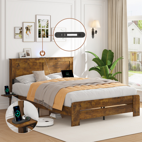 Farmhouse Full Size Bed Frame with Headboard Storage Shelf, Wood Platform Bed Frame with LED Lights & Charging Station, Rustic Brown wood Bed, No Box Spring Needed, Noise-Free Sturdy Structure - Antique Natural - MDF+Steel - Antique Natural - MDF